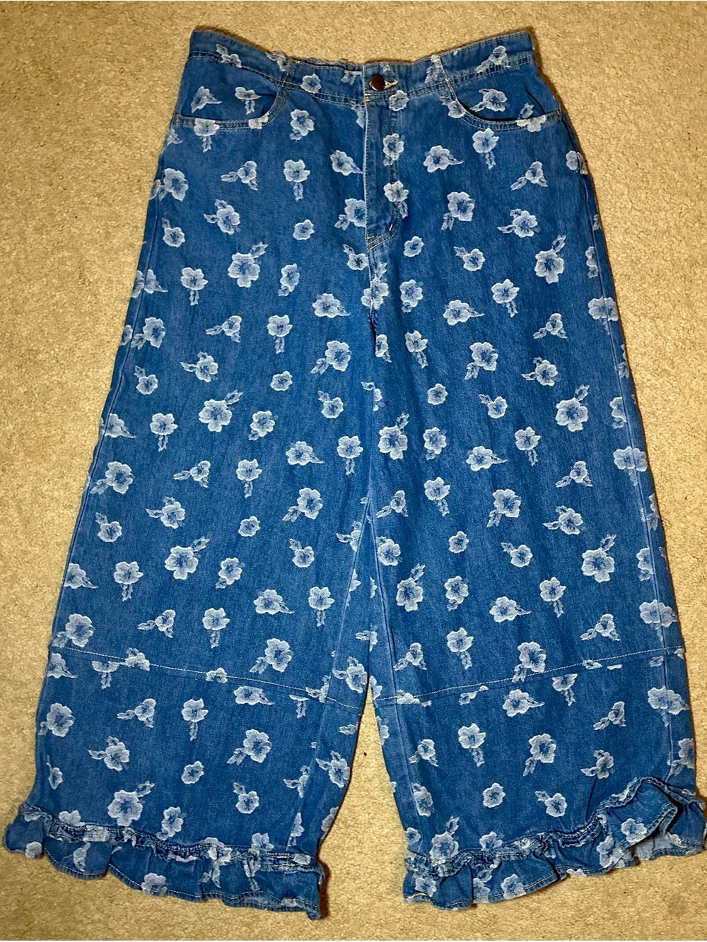 Easel Floral Jacquard Denim Ruffle-Hem Pants | Size L